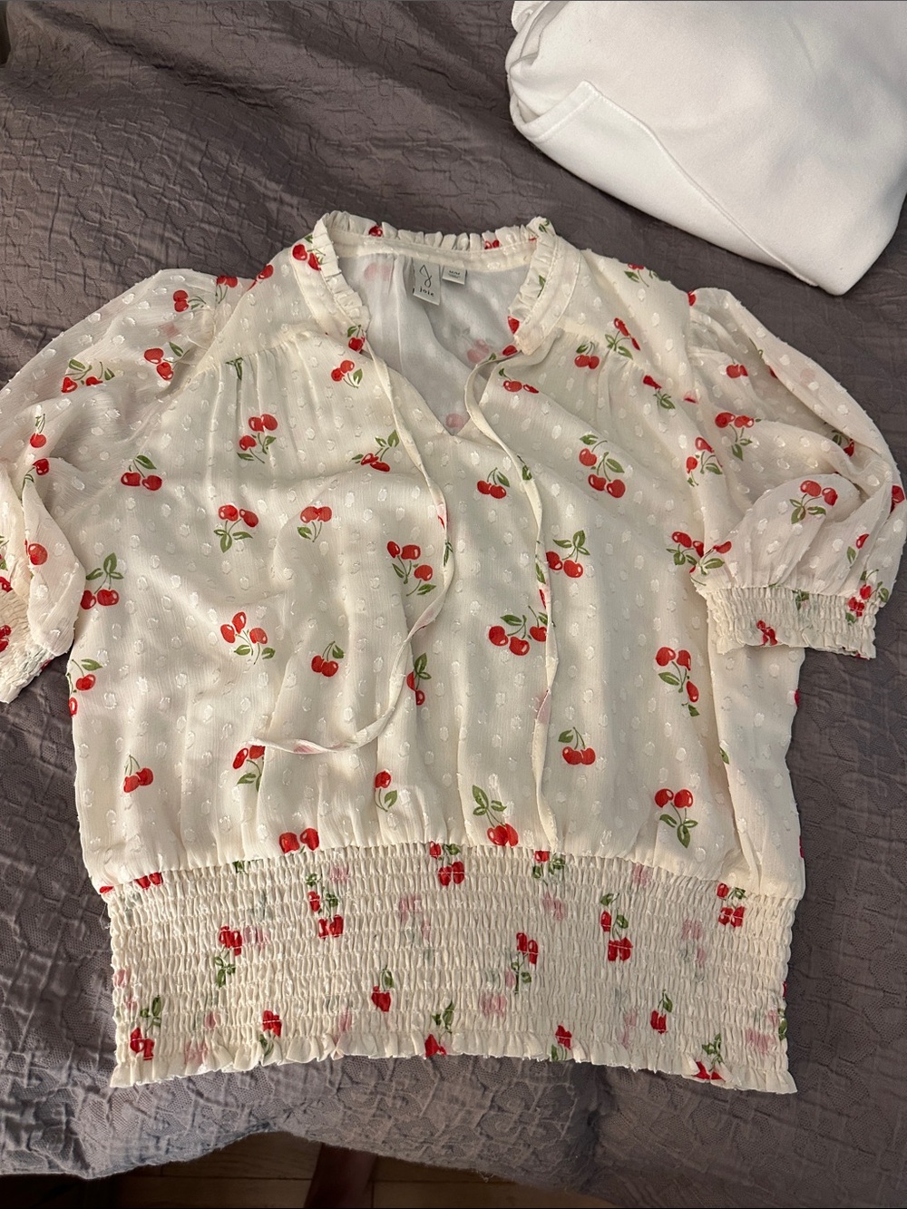 Cream Cherry Print Peasant Blouse Medium